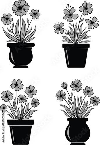 Potted flower silhouette illustration set featuring decorative floral plants in classic containers, elegant black botanical collection for interior decor, wall art, home design, and graphic projects
