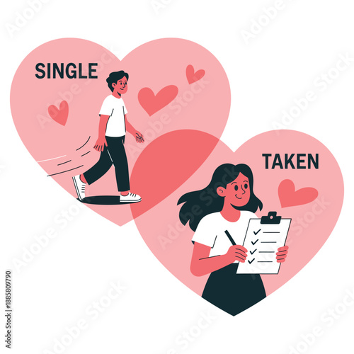 Concept of relationship status single versus taken two hearts with people inside illustrating different stages of romantic life
