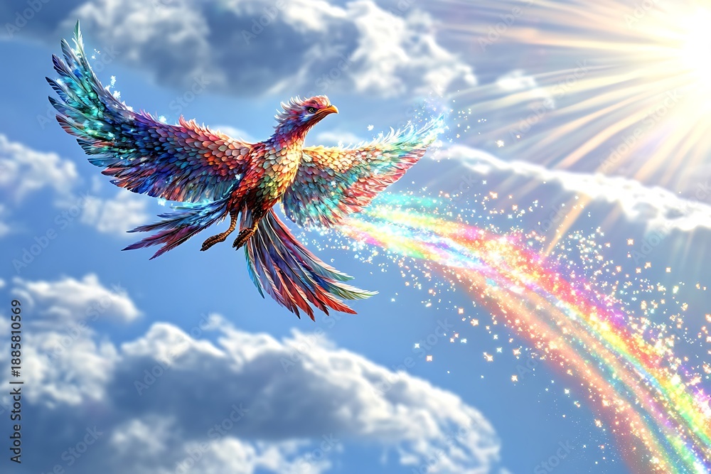 Obraz premium A magical phoenix bird, radiant with colorful feathers, soars through the sky, leaving a trail of shimmering rainbows in its wake.