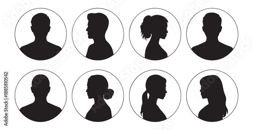 Collection of round profile pictures for user accounts various male and female silhouettes in circles