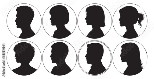 Side profile human silhouettes set people head outlines in circles for social media user navigation