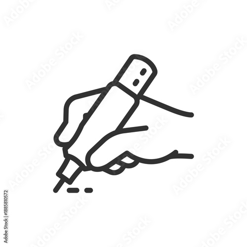 Tattoo machine in hand, linear icon. Tattoo process and body art work. Line with editable stroke.