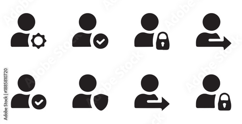 Account management icons featuring security shield lock checkmark and logout arrow symbols in black