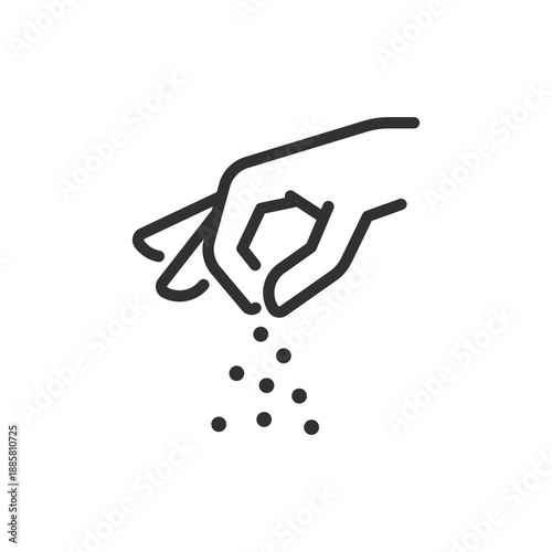 Hand sprinkling material, linear icon. Granules, seasoning, or distribution action. Line with editable stroke.