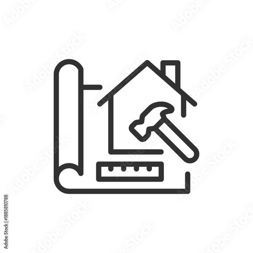House with blueprint and hammer, linear icon. Home renovation and construction planning. Line with editable stroke.