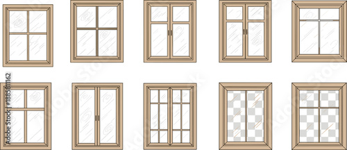 Wooden window illustration set with multiple frame styles and glass pane variations, flat vector collection for architecture, home interior, exterior design, and construction graphics