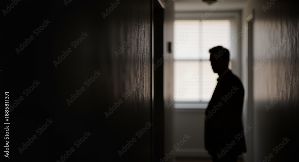 Fototapeta premium Silhouette eines Mannes in dunklem Flur mit Licht am Ende geheimnisvolle und dramatische Stimmung