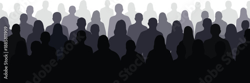 Silhouette illustration of densely packed crowd in layered formation for population, community, and social identity vector design concept