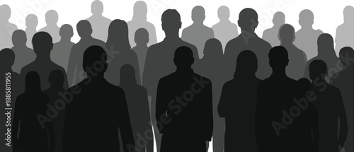Silhouette illustration of diverse people standing and sitting in layered crowd for public space and vector design concept