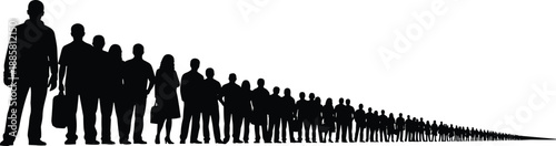 Silhouette illustration of people standing in long queue for waiting, population, and social behavior vector design concept