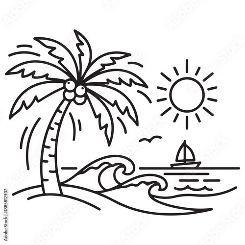 Simple Black Line Art Beach Scene with Palm Tree Sun and Waves