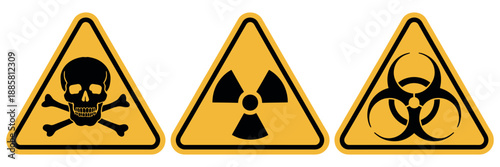 Hazardous Danger Sign Vector Set - Yellow Warning Triangles Featuring Radiation Biohazard and Toxic Symbols for Industrial Safety and Laboratory Security Labels