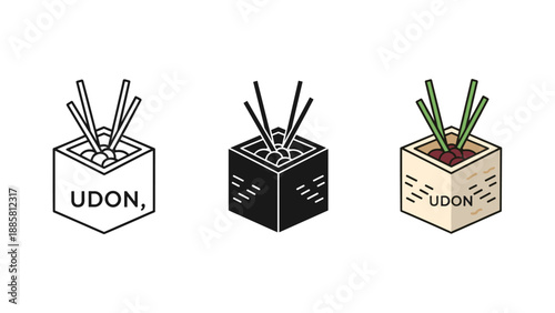 Three stylized udon noodle illustrations in different colored containers with chopsticks on a white