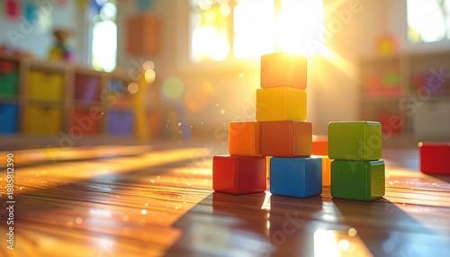 Stack of colorful geometric building blocks bathed in warm sunlight on a wooden floor, perfect for early education and childhood play.