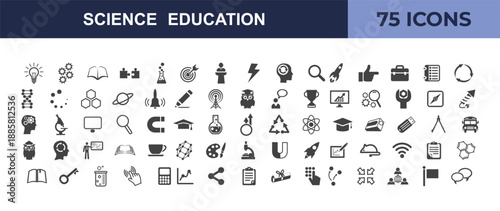 Science and education icons for learning, research, and discovery, featuring symbols for chemistry, physics, and academia.
