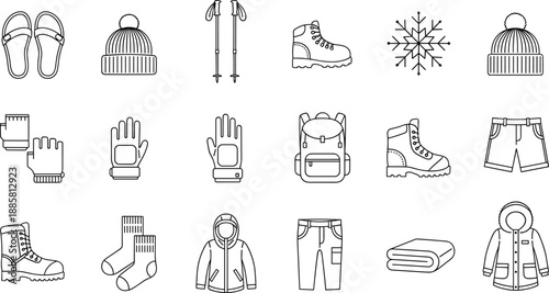 Outdoor gear icon set, winter clothing and hiking equipment, black vector illustration, editable design, isolated travel accessory symbols