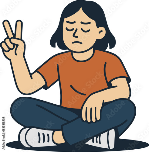 Sad young person sitting cross-legged with eyes closed and peace sign