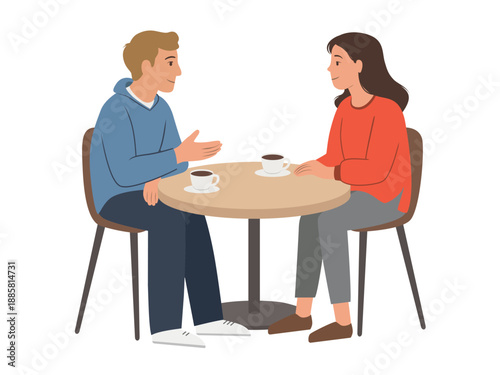 A man and woman talking at a table in a cafe. Flat vector illustration isolated on a white background