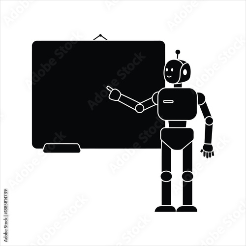 A simple black silhouette of a robot presenting at a chalkboard