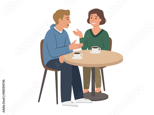 A man and woman talking at a table in a cafe. Flat vector illustration isolated on a white background