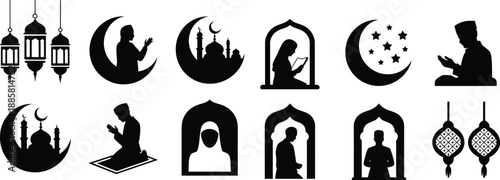Ramadan kareem islamic silhouette icons set moon lantern mosque prayer fasting