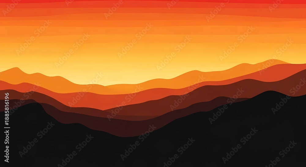 Fototapeta premium Sunset over layered mountain ranges with vibrant orange sky.
