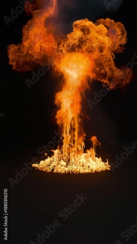 burning fire at night with flames and smoke.
