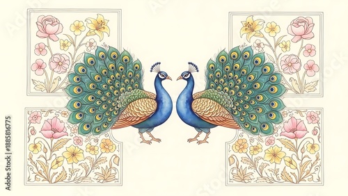 Two vibrant blue peacocks with open feathers standing on floral vintage paper background, elegant decorative illustration