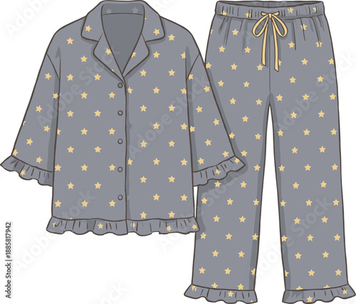 Flat vector illustration, gray pajama set, yellow star print, ruffled edges, button-up top, cozy sleepwear, elastic waist pants