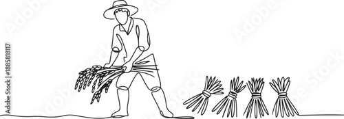 Single one line drawing of young male farmer was harvesting rice and there was also rice that had been tied up. Farming challenge minimal concept. one line Icon drawing