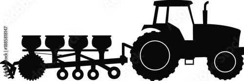 Agricultural tractor silhouette with seed planter attachment, modern farming machinery for crop planting, rural agriculture concept, black vector illustration isolated