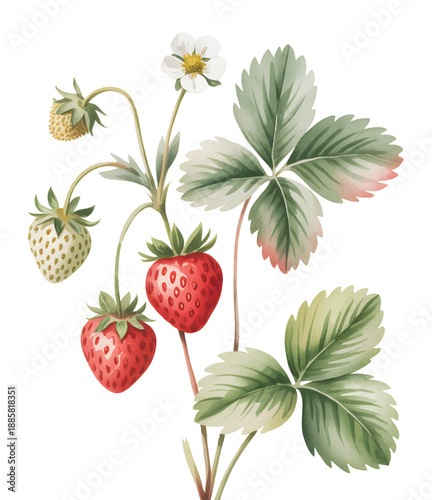 Ripe strawberries with leaves and blossoms in calm hand-painted style.
