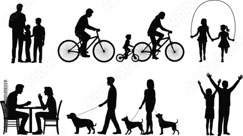 Black family silhouette vector set showing parents and children cycling, walking dogs, playing jump rope, dining together, celebrating moments, isolated illustration