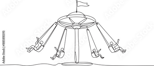 Continuous one line drawing wave swinger in the amusement park with four seats and a flag above. The passengers can swing around in the sky. one line Icon drawing