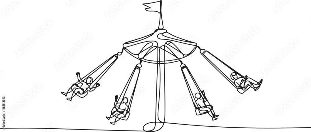 Εκτύπωση καμβά Continuous one line drawing wave swinger in the amusement park with four seats and a flag above