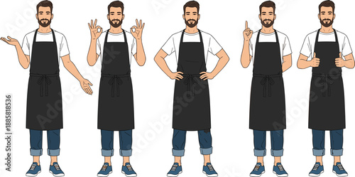 Male barista character poses set, coffee shop worker gestures collection, apron uniform staff illustration, service employee emotions, modern flat vector isolated on white background