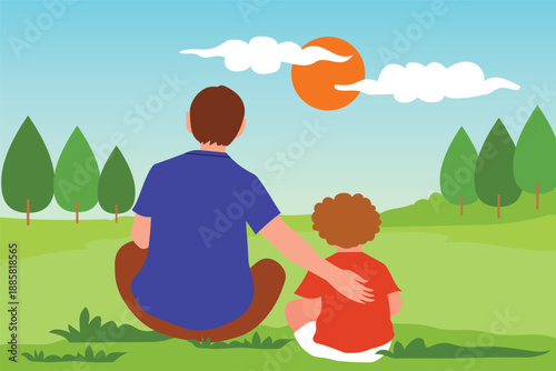 Father and son sit on the meadow. Father and son sitting on the grass under a blue sky. Father's day vector template. Landscape Vector illustration.