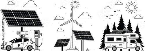 Renewable energy line illustration, solar panels wind turbine and electric car charging, sustainable power concepts, eco friendly transportation and off grid living isolated
