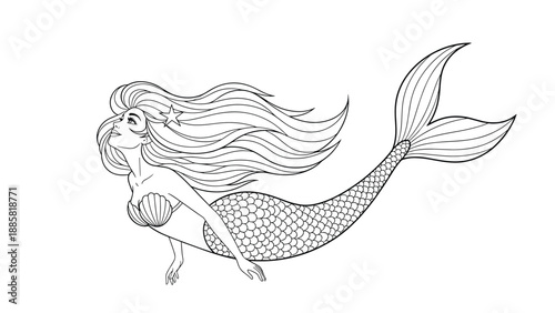 Elegant mermaid swimming gracefully in the ocean water for children coloring book page activity with detailed scales.