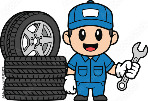 Smiling cartoon auto mechanic holding wrench beside stacked car tires automotive service illustration isolated on white background for repair shop marketing promotion branding advertising