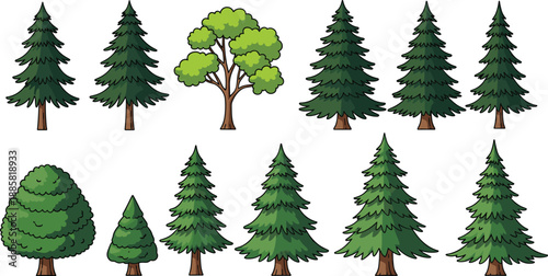 Tree illustration set collection, cartoon forest trees and pine evergreens, nature landscape elements, green woodland plants, flat vector style isolated on white