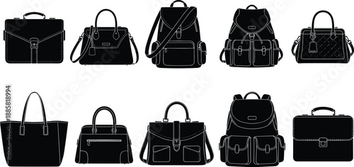 Fashion bag silhouettes collection featuring handbags backpacks briefcases and totes in black style for accessories branding ecommerce catalogs icons and modern graphic design projects