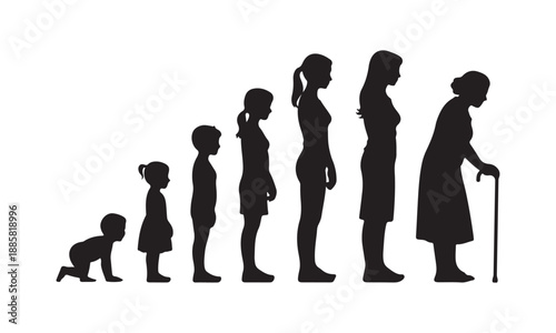 Black Silhouettes of Female Life Stages from Infancy to Old Age, Growth and Aging Concept
