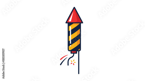 Colorful fireworks rocket icon with a lit fuse ready for launch during holiday celebration or independence day event.