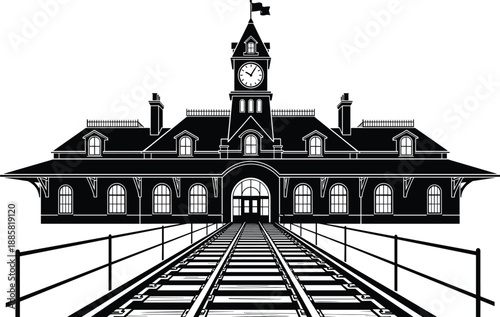Historic railway station building with clock tower and train tracks in dramatic black and white silhouette illustration representing travel, transportation, architecture, heritage