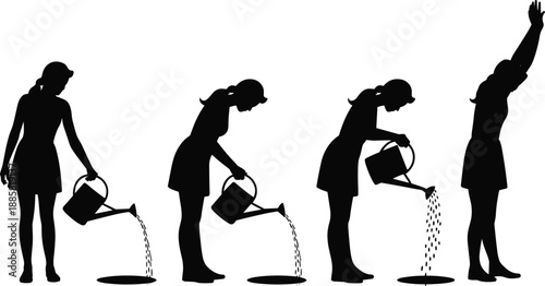 Black silhouette woman watering plants sequence showing growth stages, gardening routine vector illustration, home garden care and healthy lifestyle concept