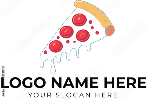 Dripping cheese pizza slice logo vector with pepperoni and golden crust for fast food or pizzeria branding