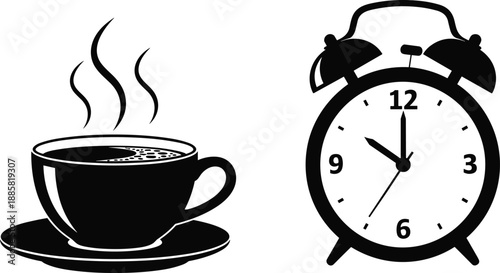 Morning routine icons showing hot coffee cup and alarm clock silhouettes symbolizing breakfast time wake up schedule productivity lifestyle and daily habits design concepts