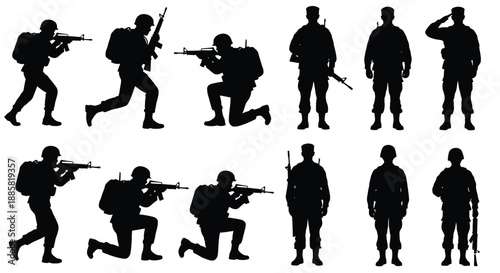 Silhouetted soldiers in various combat poses representing military strength and readiness