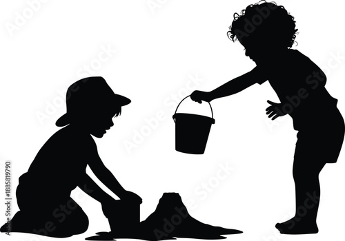 Children playing with sand silhouette vector illustration, kids building sandcastle using bucket together, outdoor childhood fun, teamwork, creative summer play concept